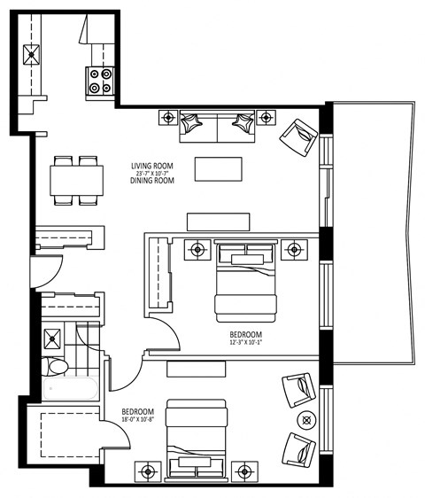 Floor plan for 2 beds, 1 bath, 850 sqft